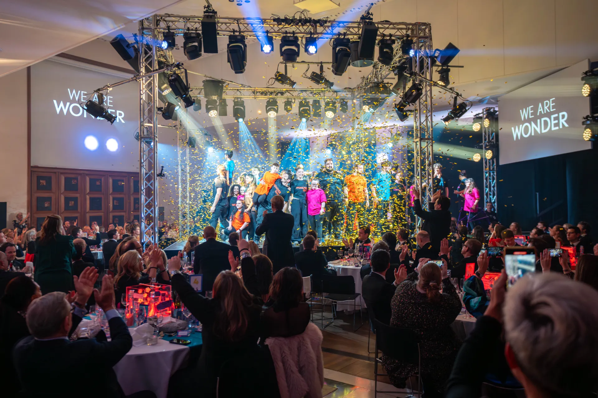 Wonder Gala 2023 people cheering on as Chickenshed on stage