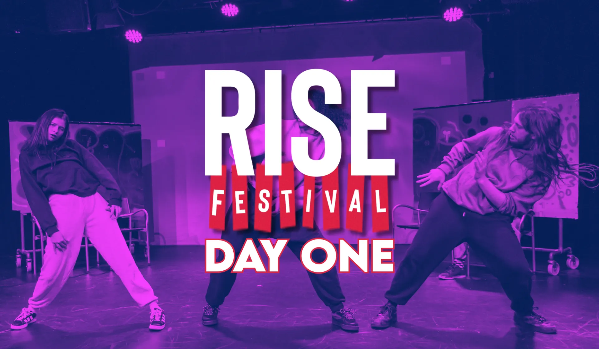 Rise Festival - Day One. Hero Image. Purple background with dancers in studio theatre.