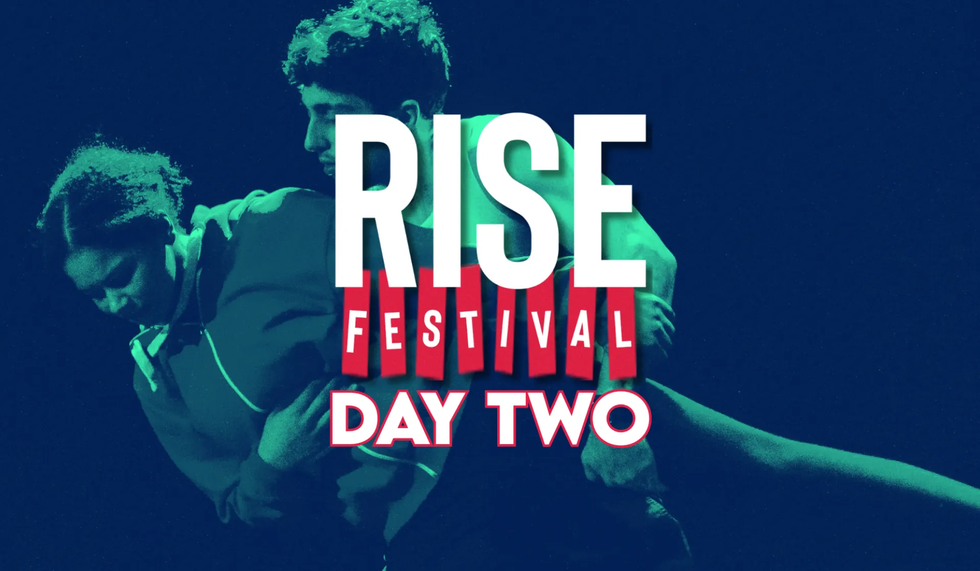 RISE Festival Hero Image. Green Background, two dancers doing a lift.