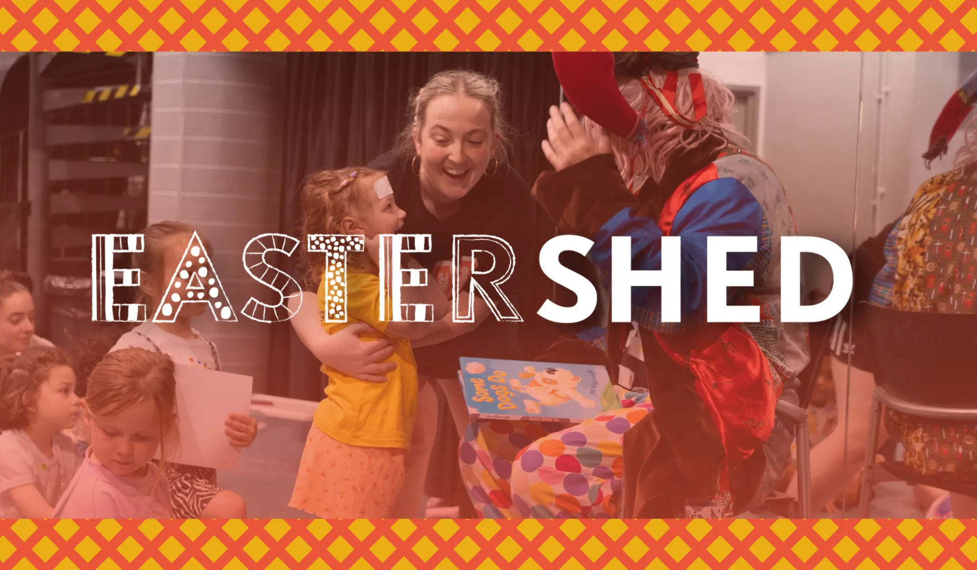 Easter Shed Hero Image. Orange hue, children playing with a jester