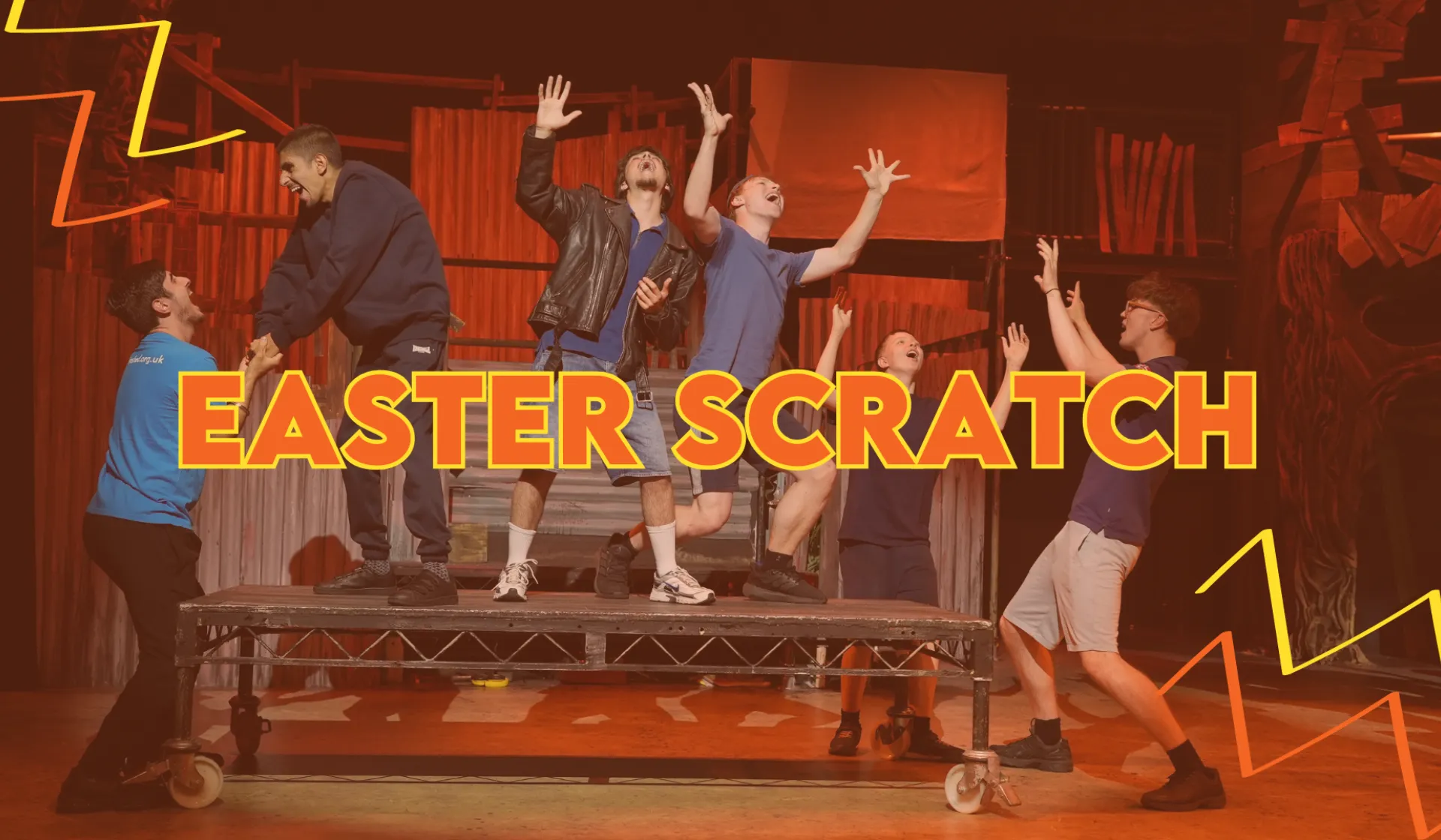 Easter Scratch Here. Group of young performers on stage in different energetic positions