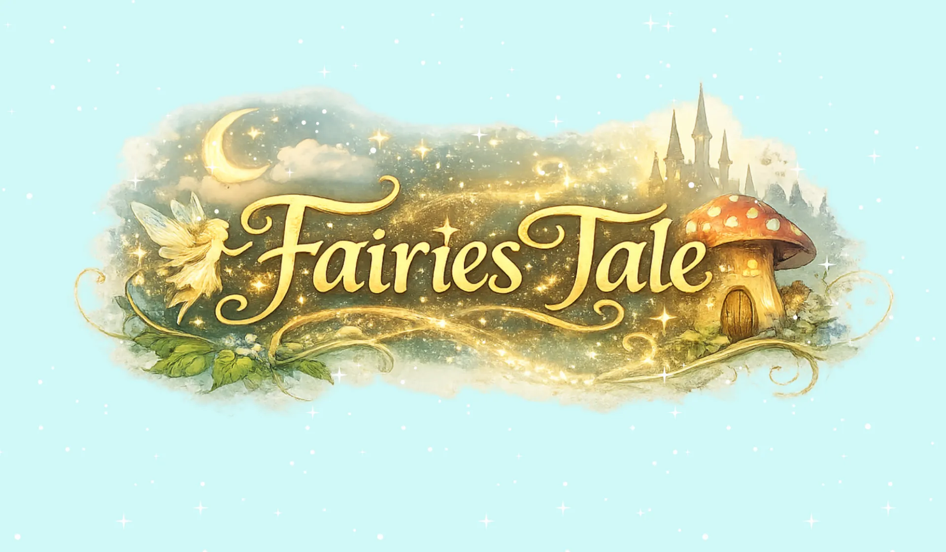 Logo in front of fairy and fairy castle images