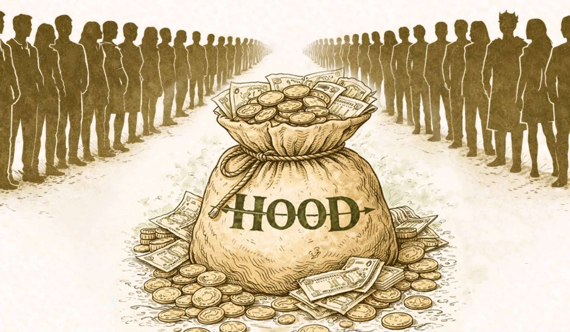 Sack of money with lines of people standing beside it