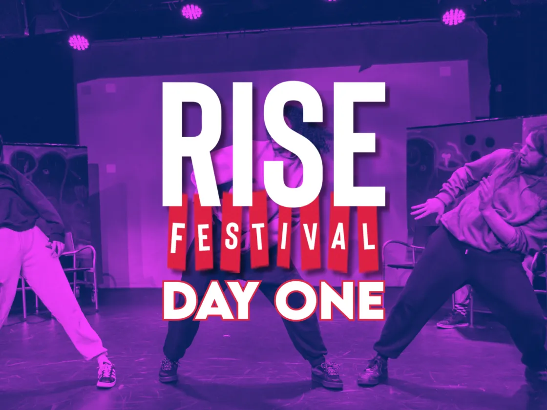 Rise Festival - Day One. Hero Image. Purple background with dancers in studio theatre.