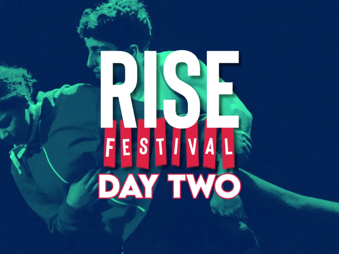 RISE Festival Hero Image. Green Background, two dancers doing a lift.