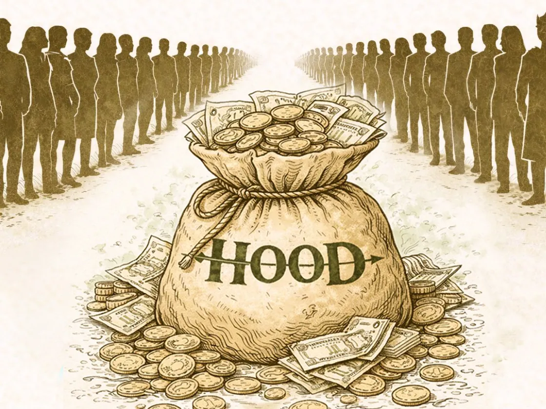 Sack of money with lines of people standing beside it