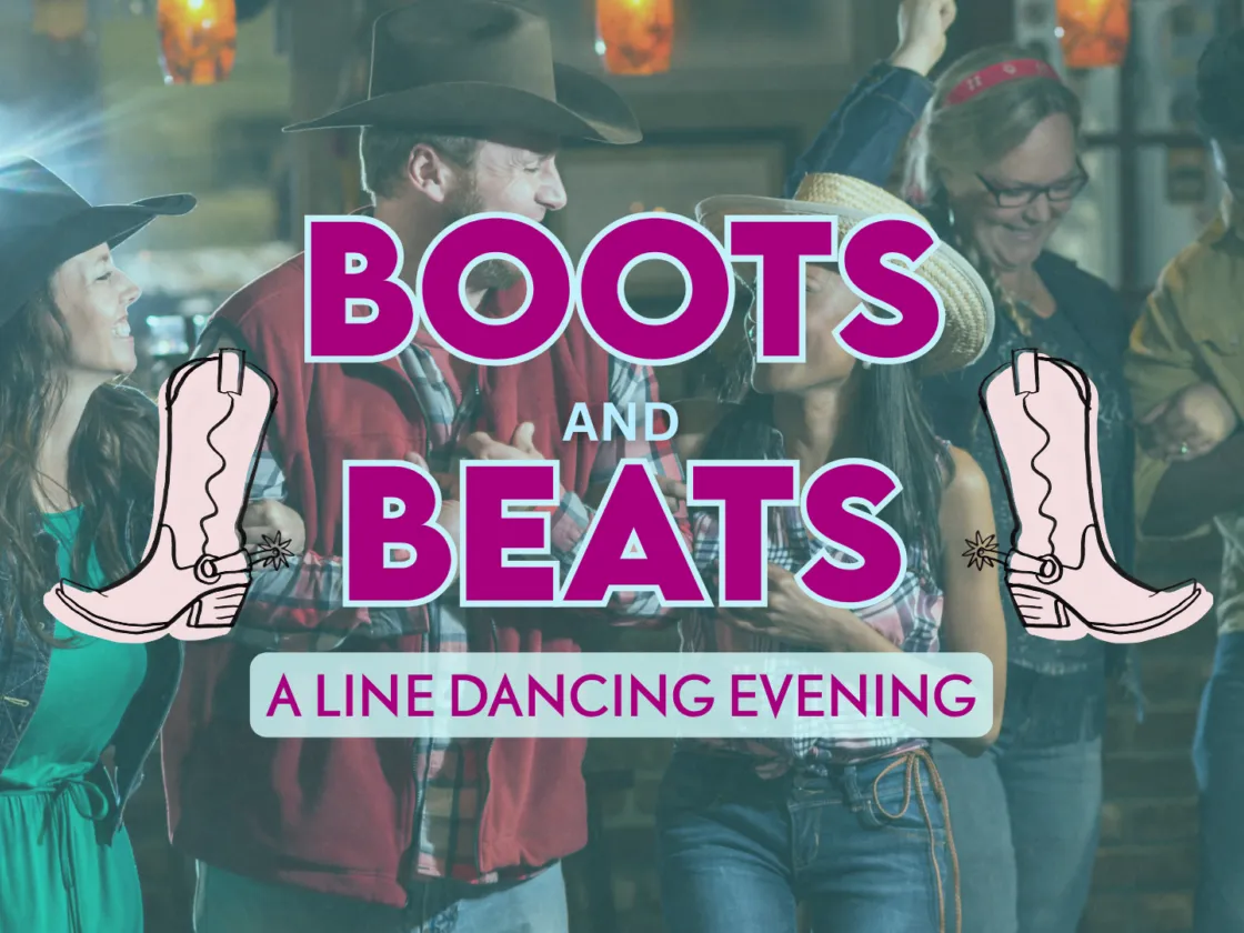 Boots and Beats: A LINE DANCING EVENING. Photo of people dancing and wearing cowboy outfits.