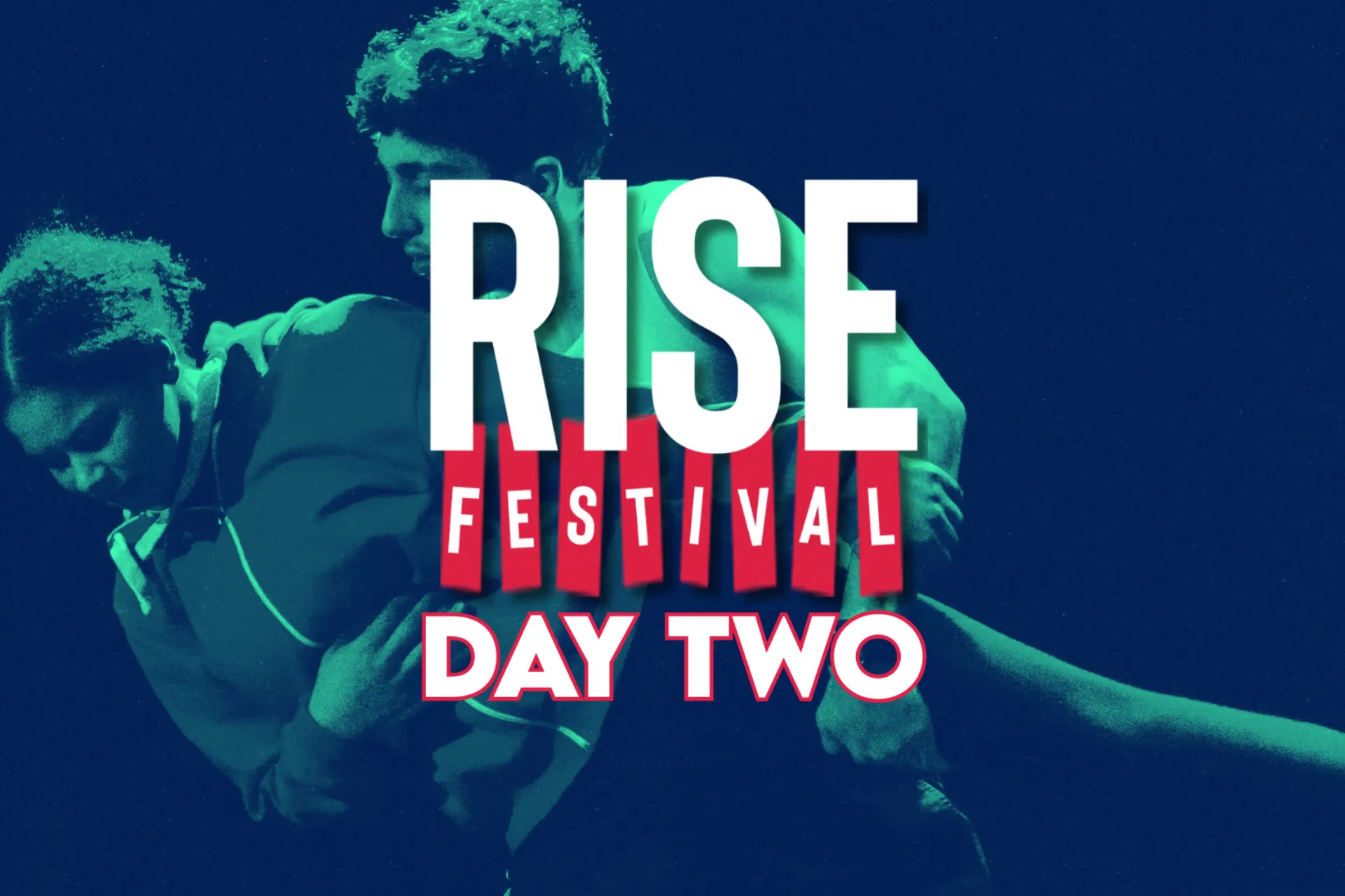 RISE Festival Hero Image. Green Background, two dancers doing a lift.
