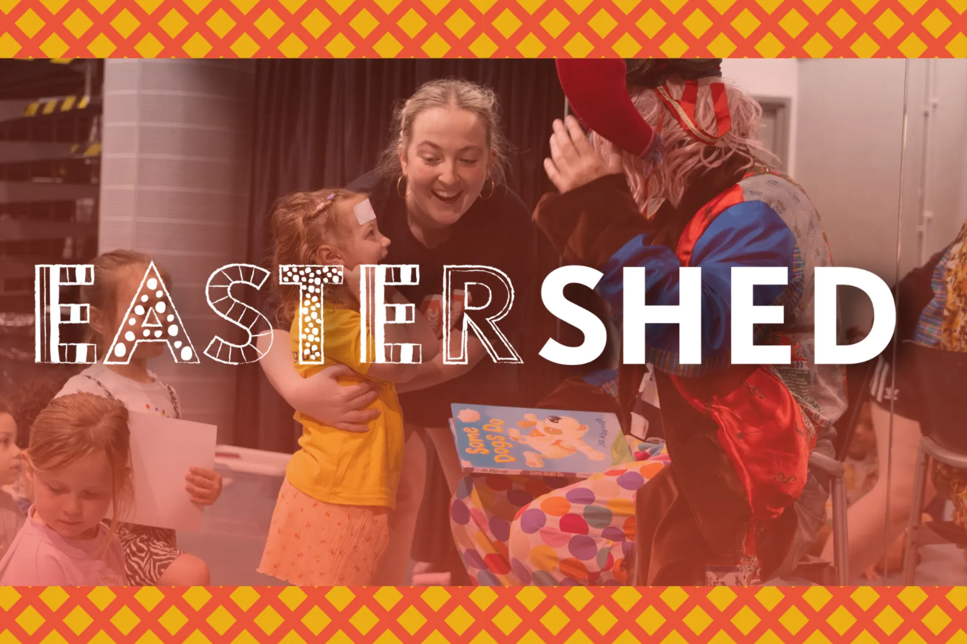 Easter Shed Hero Image. Orange hue, children playing with a jester