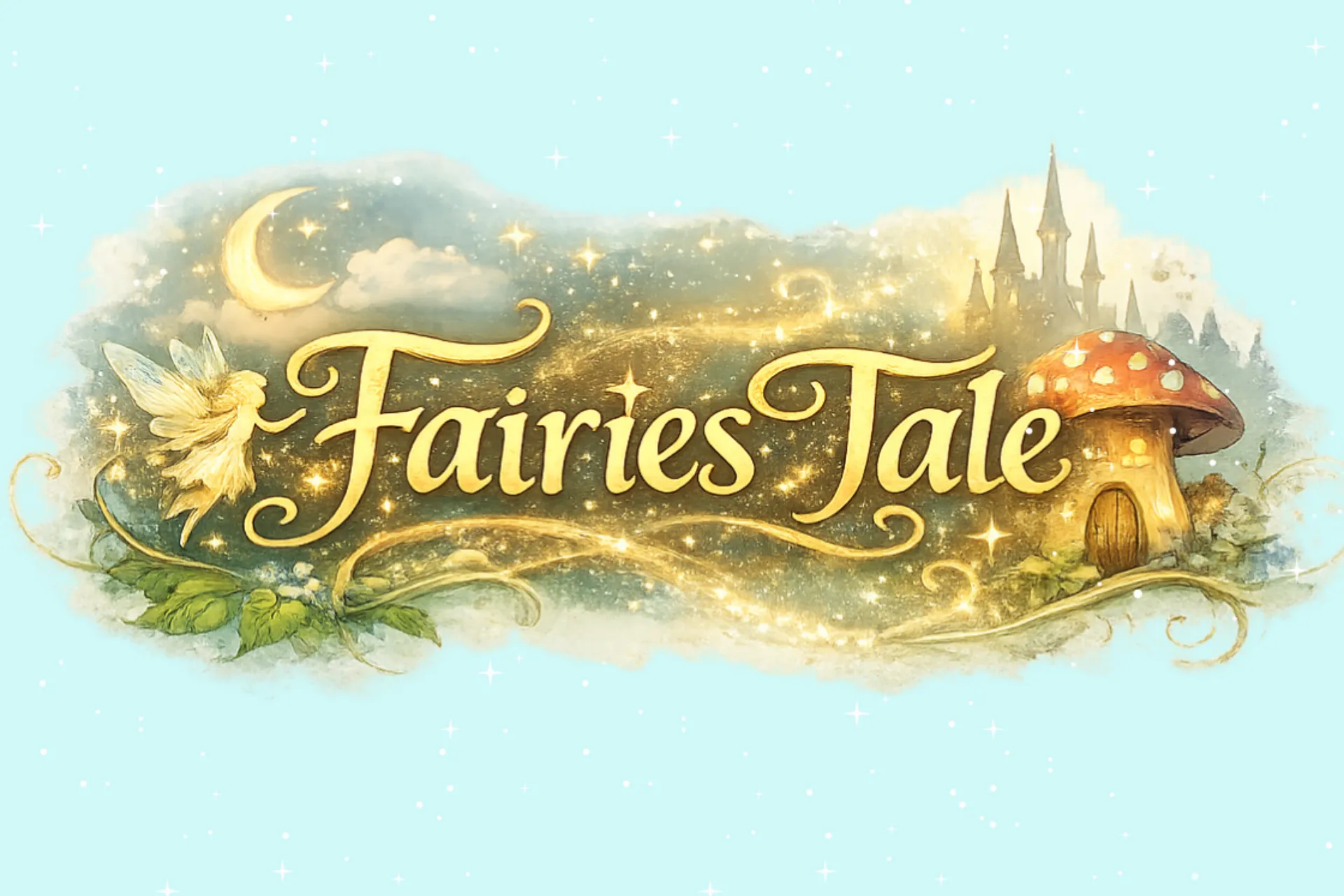 Logo in front of fairy and fairy castle images